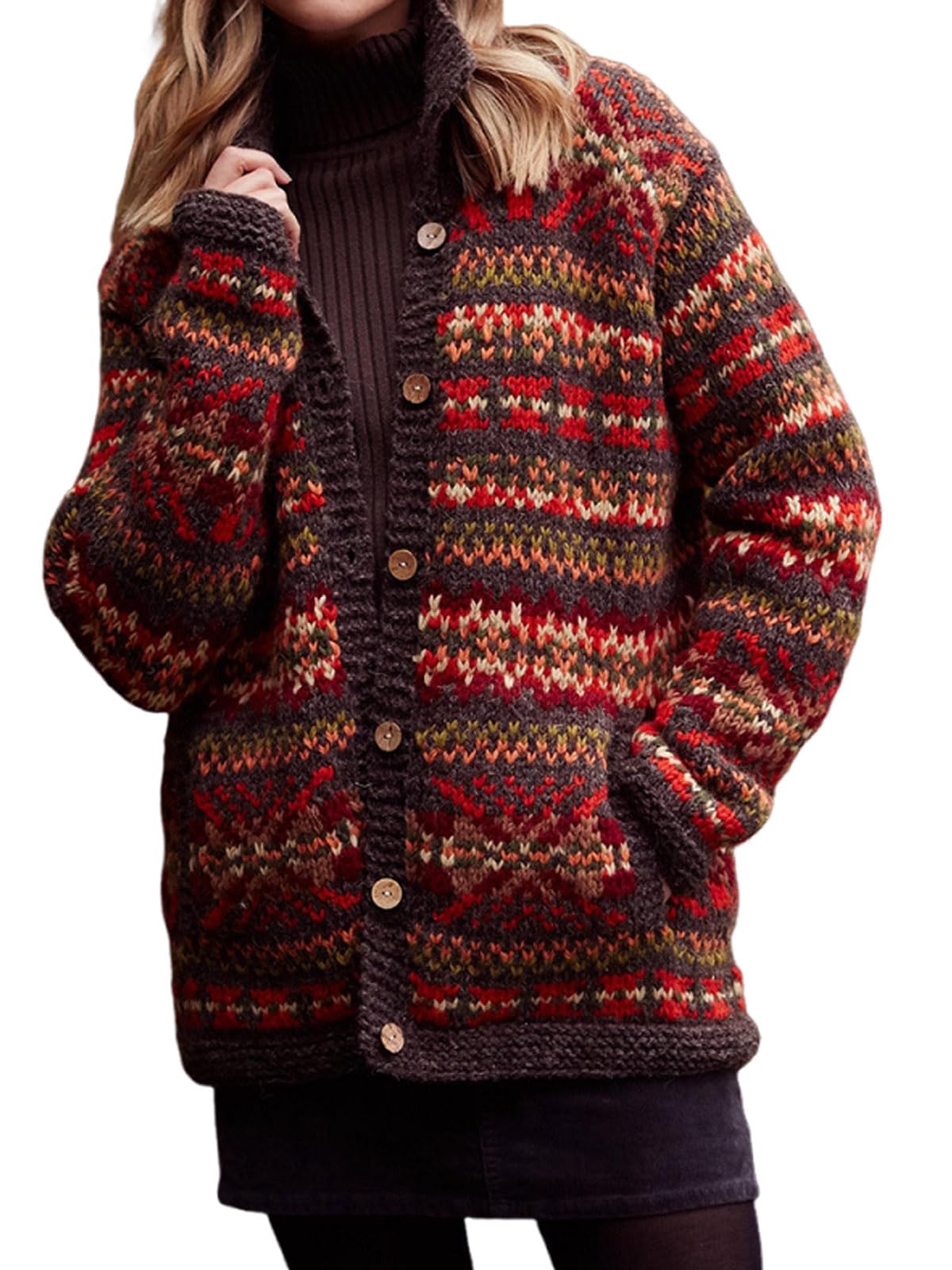utcoco Womens Christmas Sweaters Contrast Snowflake Button Down Cardigan Color Block Knit Sweater Coats with Pockets