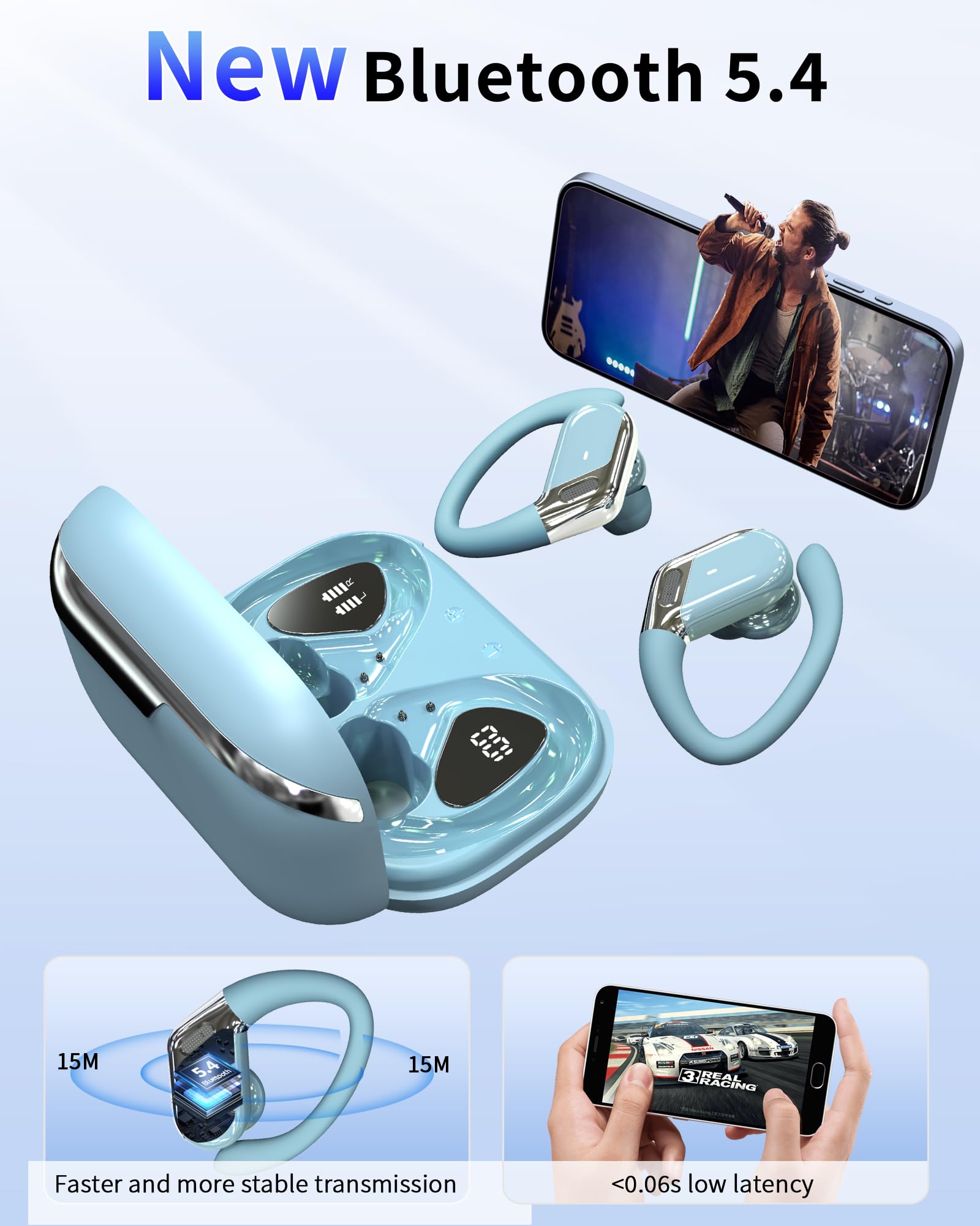 Matast Casque Bluetooth 5.4, Écouteurs Bluetooth Sport avec 3D Bass Hifi Stéréo, 50 Heures Casque Sans Fil Bleu