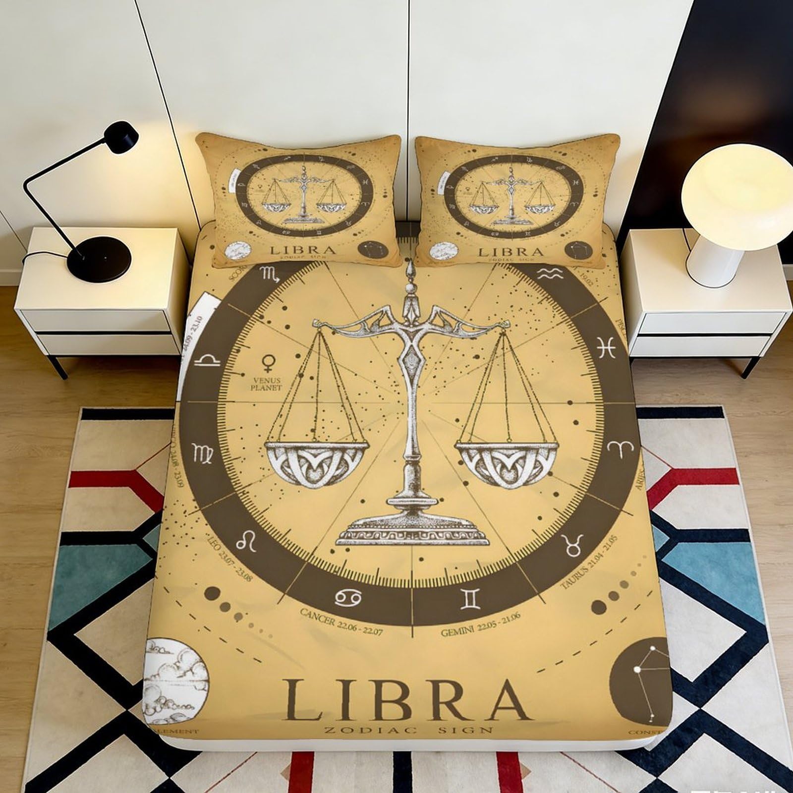 3D Printed Libra Zodiac Fitted Sheet Microfiber Non-Slip Bedroom Decor Scales Bed Cover for Home Dorm Guest Room 90x200x25cm