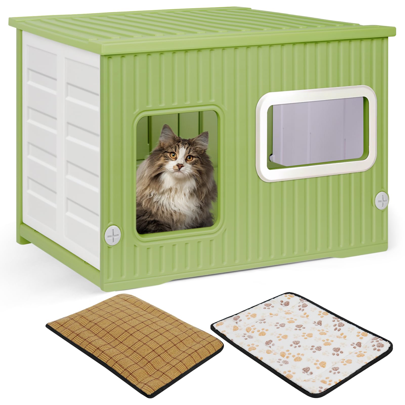 Kunststoff-Katzenhaus für Drinnen und Draußen mit Doppelseitigem Kissen Wetterfestes Katzenhaus für alle Jahreszeiten Geeignet(Grün und Weiß, 56 * 38 * 36)