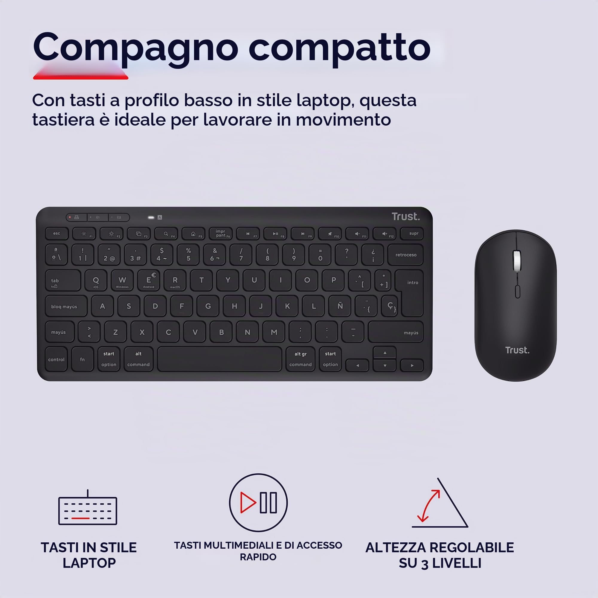 Trust Lyra Pack Wireless Bluetooth Keyboard and Mouse, QWERTY Spanish, 85% Recycled Plastic, Compact Rechargeable Combo for Windows, Mac, PC, Laptop, Tablet, iPad, Android, iOS, Black