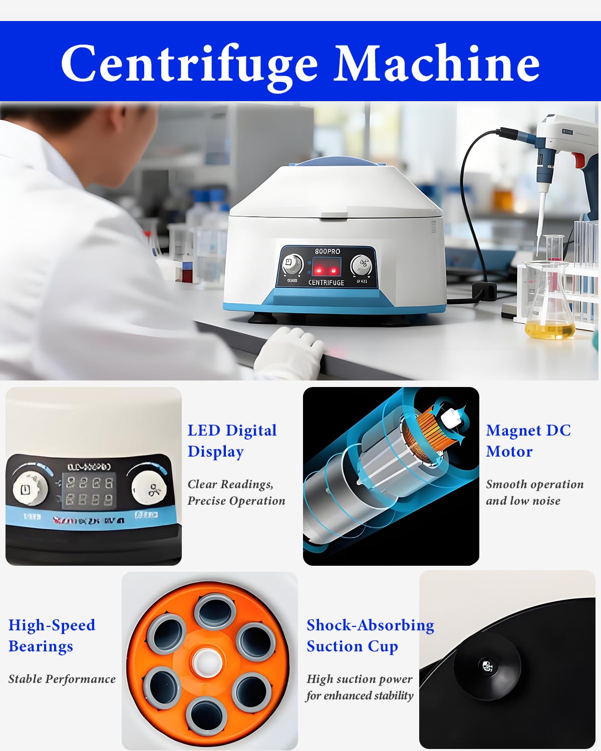 PRP Centrifuga, 6 x 15 ml, 4000 RPM 1953 x g, RCF Portatile Centrifuga Laboratorio con Timer da 1 – 99 min, Trasparente Lid & LED, per 5/7/10 ml, a basso rumore, per plasma, sangue, pratica medica
