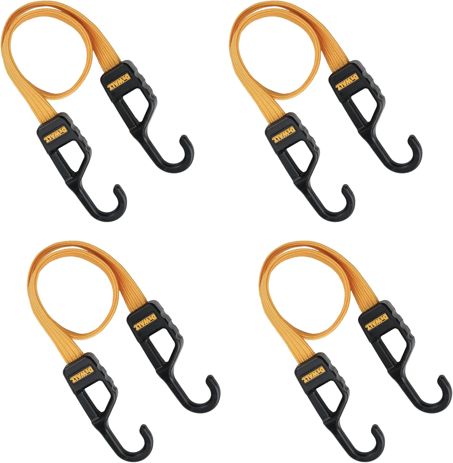 DEWALT 24" Premium Flat Bungee Straps, Interlocking Quick-Pull Notch, 4-PK | Non‑Scratch Steel‑Core Hooks with Quick‑Pull Notch & Interlocking Grip for Stretching & Securing Lightweight Gear & Cargo
