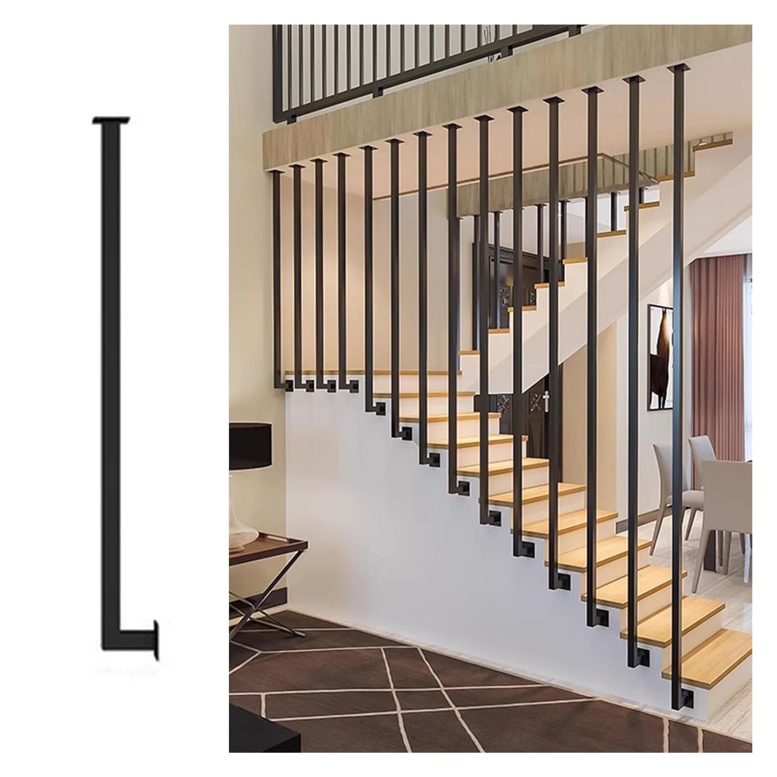 Adjustable Metal Stair il - 76.8in Sturdy Iron Railing with Black Balusters, Perfect for Indoor Attics, Hallways & Modern Home Decor - Enhance Safety & Style 94.5in/240cm