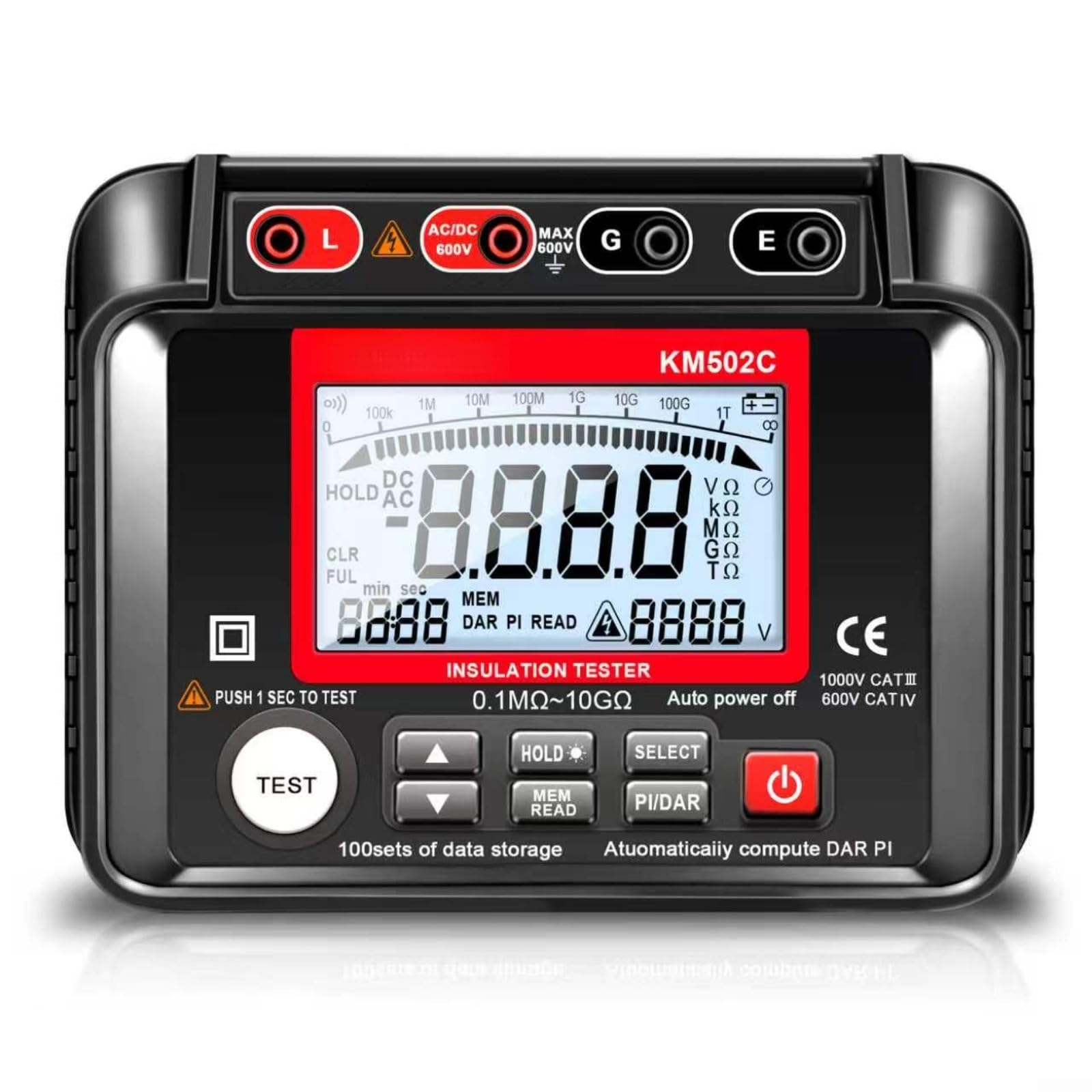 KM502C Digitaler Isolationswiderstandsprüfer, 10 GΩ Megohmmeter, mit automatischer PI/DAR-Berechnung, 100 Datenspeicher, 0,1 MΩ-10 GΩ Bereich für elektrische Wartung