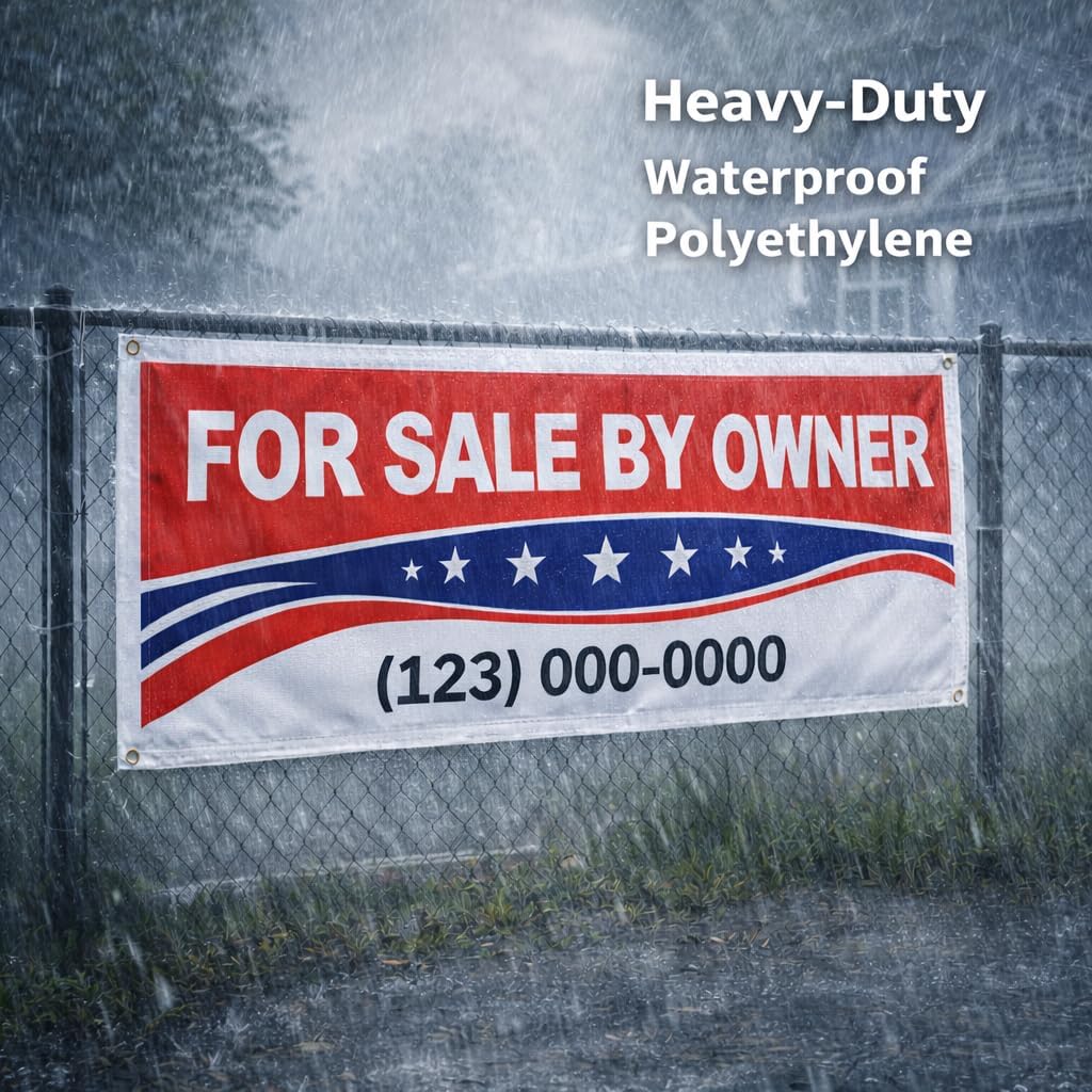 For Sale By Owner Banner 48 x 21 Inch, Heavy Duty Waterproof Outdoor Vinyl FSBO Sign with Write-On Phone Number Area, 4 Grommets, Includes 4 Zip Ties, UV Resistant Yard Sign (Red)