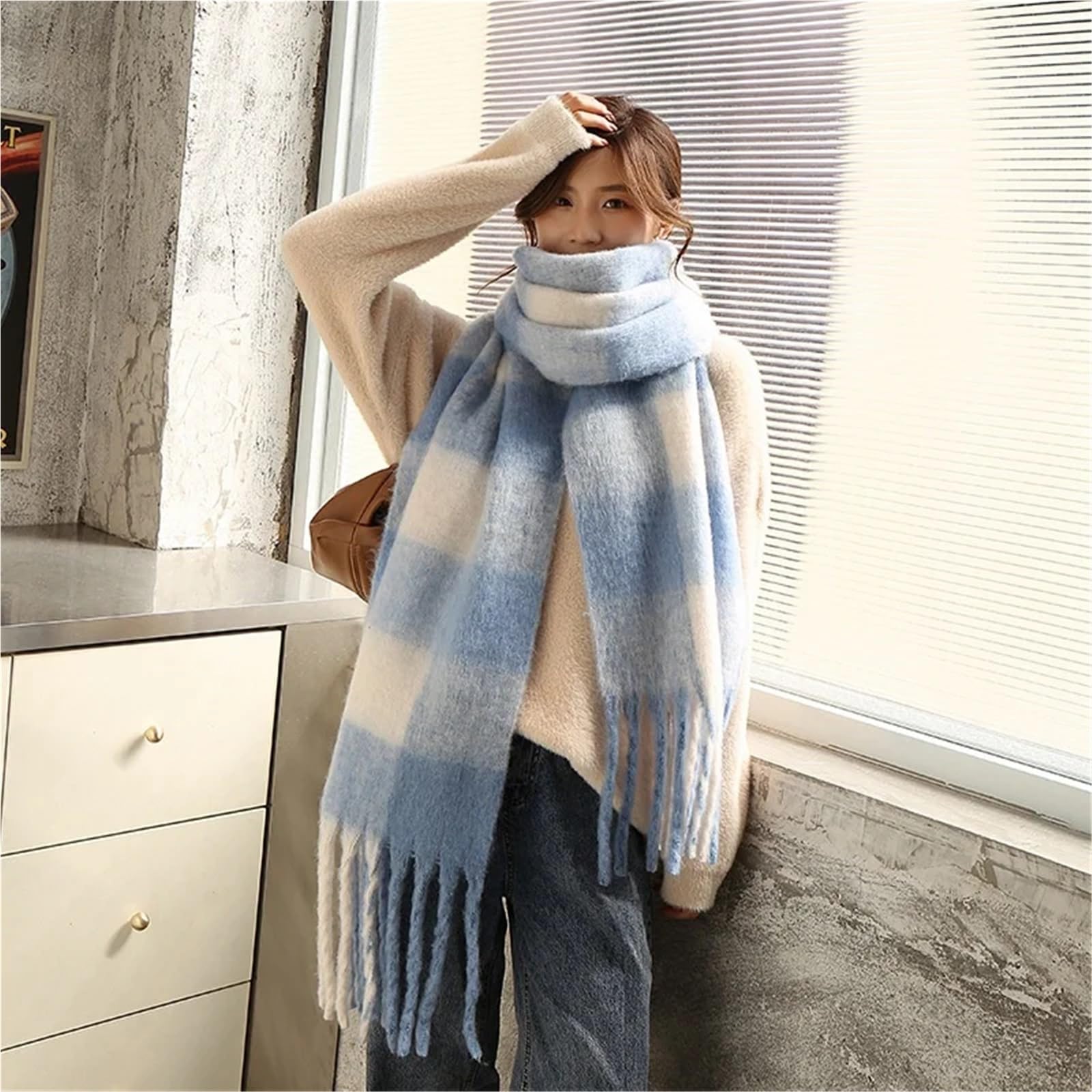 Sciarpa Invernale in Pashmina di Cashmere da Donna, Calda Coperta Scialle con Lunghe Nappe(C)