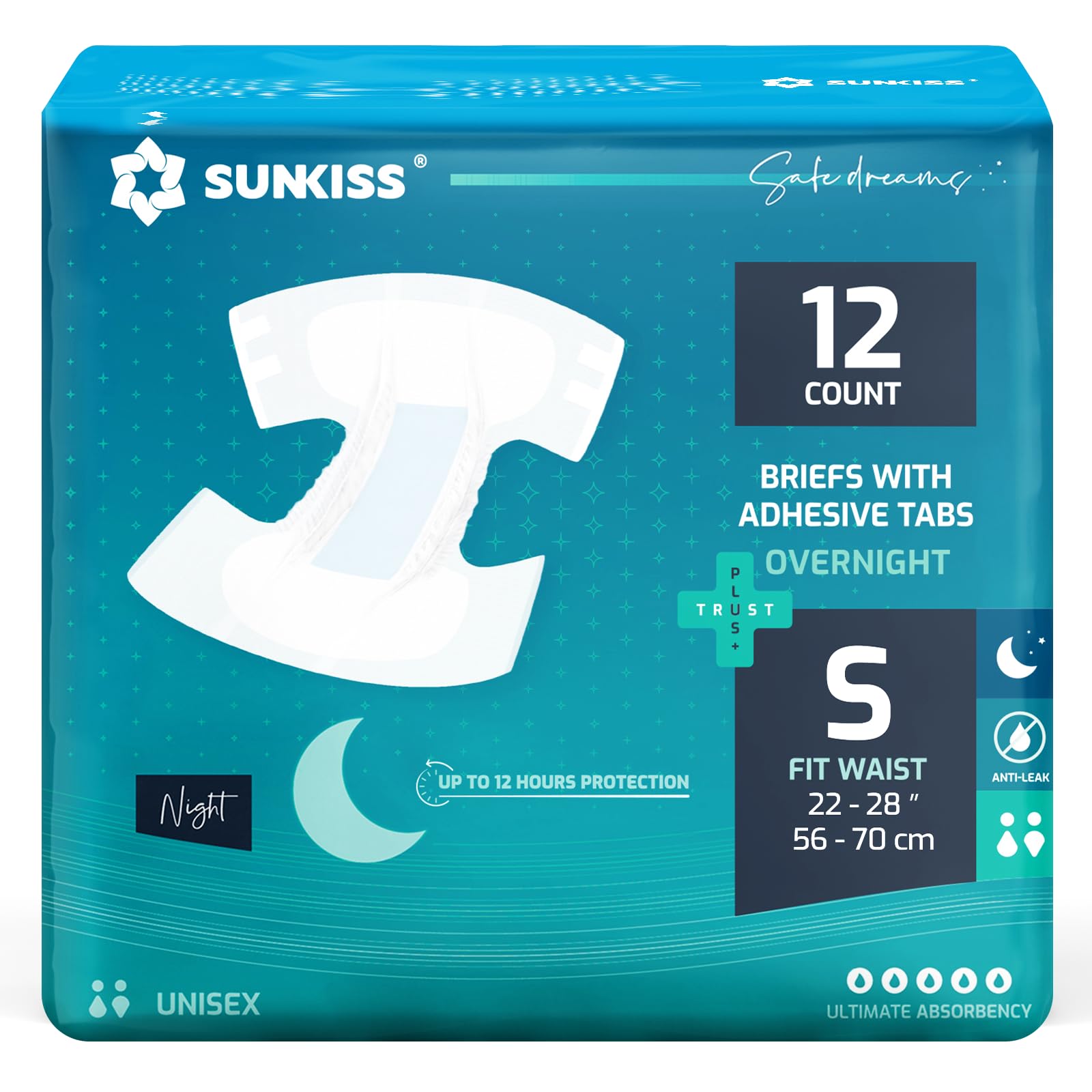 SUNKISS TrustPlus Overnight Adult Diapers with Tabs, Unisex Disposable Incontinence Briefs for Men and Women, Odor Control, Small, 12 Count