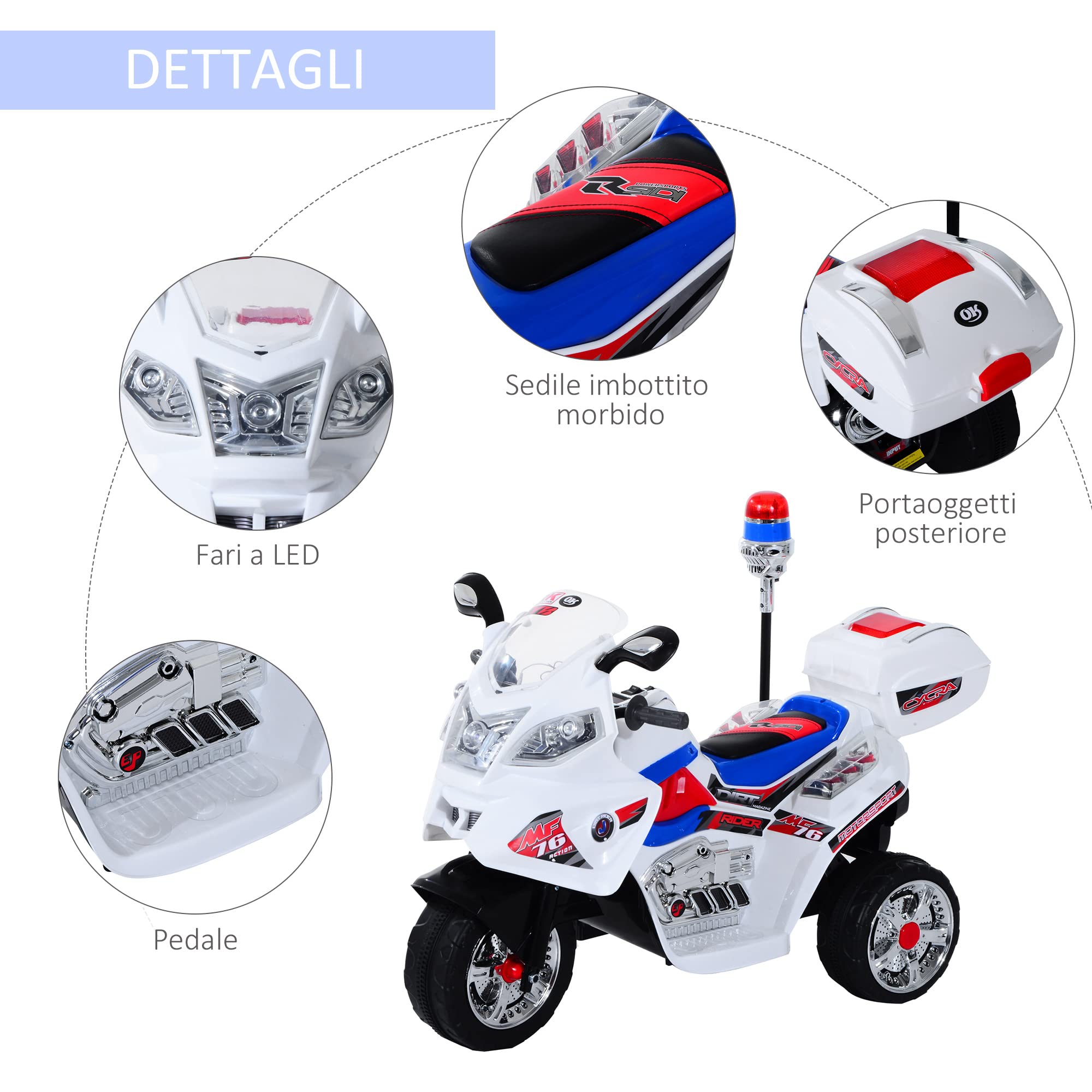 HOMCOM Moto Elettrica per Bambini 3-5 Anni 3 Ruote Musica 112×51×72.5cm
