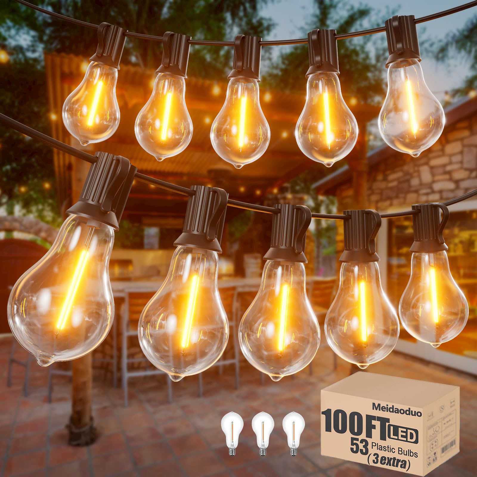 Meidaoduo Outdoor String Lights 100 ft for Outside String Lights with 50+3ea A39 Shatterproof Warm Lights for Bistro Lights Outdoor Patio Pergola Backyard Linkable
