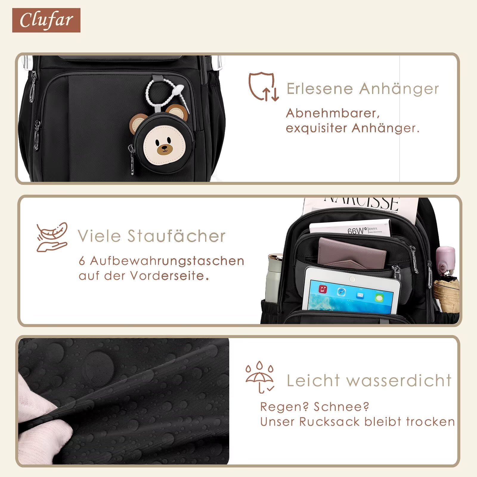 Cartable Fille Primaire Sac a Dos College Fille Kawaii Voyage,Noir
