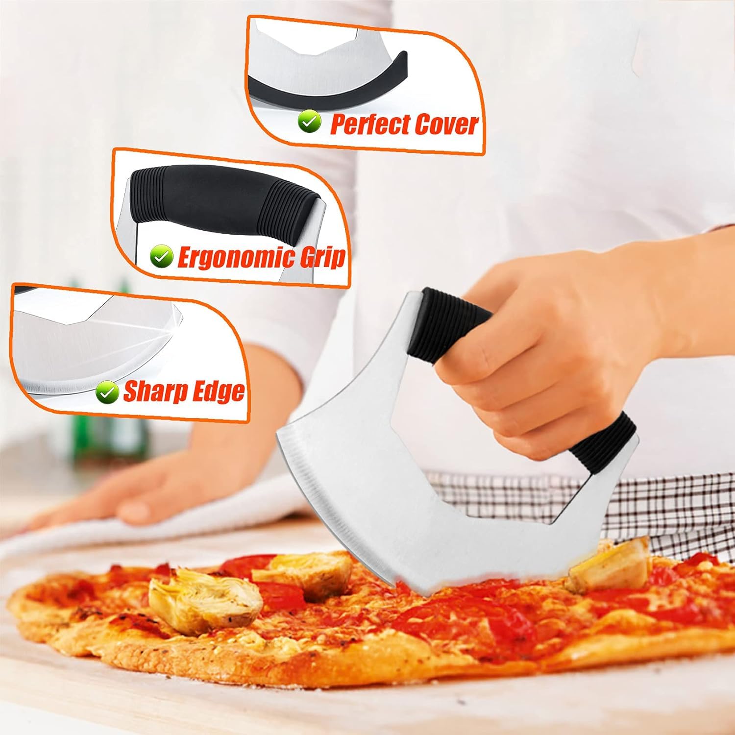 NILKANTH Stainless Steel Rocker Pizza Cutter & Salad Chopper Knife with Protective Cover | Sharp Multipurpose Kitchen Slicer for Pizza, Vegetables & Herbs 3