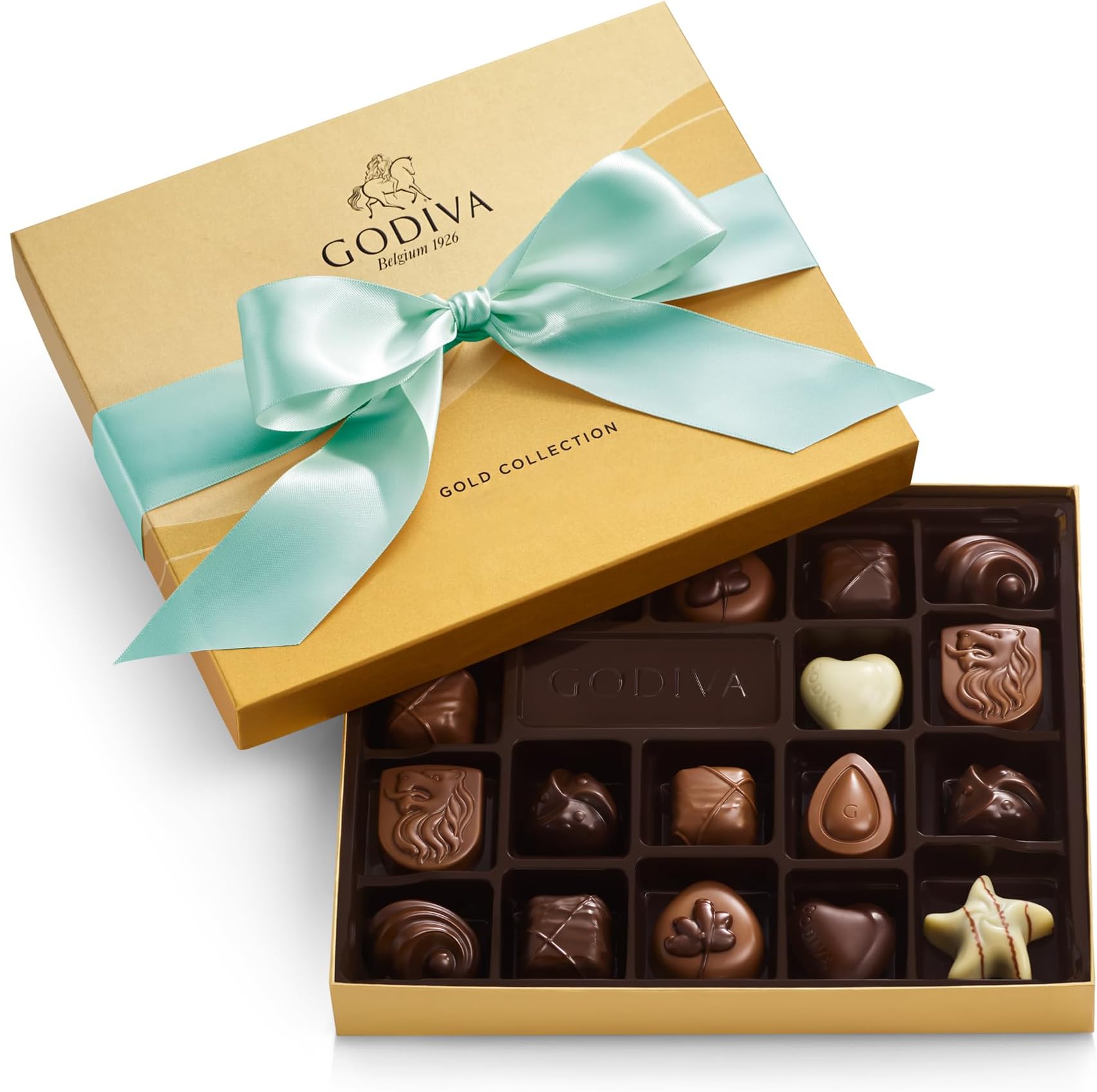 Godiva Assorted Chocolate Gift Box- Milk, White and Dark Chocolate with Caramel and Nuts, Gourmet Chocolate Candy Gift Basket for Congratulations, Birthday and Anniversary, Aqua Ribbon, 18-Piece