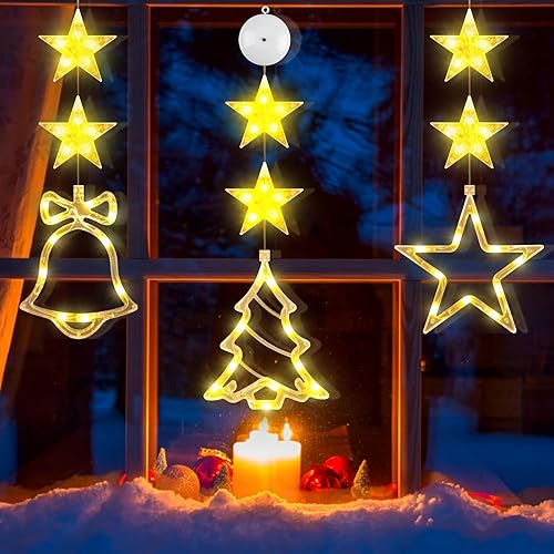 CCINEE 3 luces de Navidad para ventana, luces LED de Navidad blancas cálidas, funcionan con pilas con ventosa para decoración de chimenea en