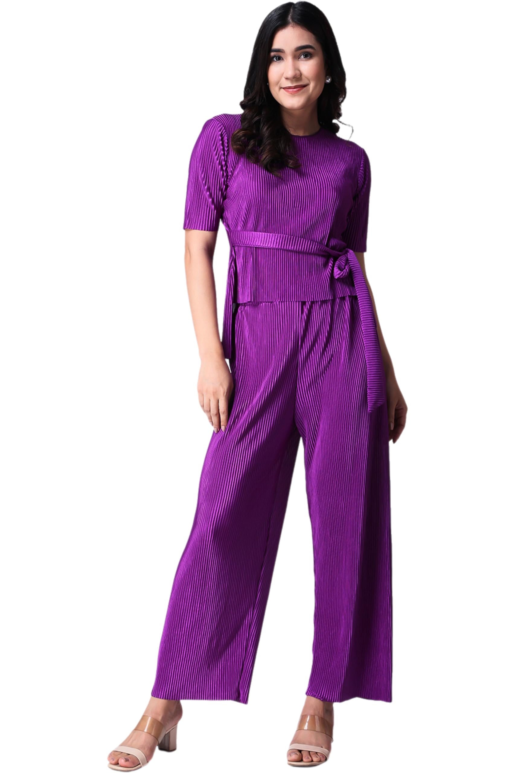 Popwings Casual Women Wrinkle Textured Purple Co-Ords Set