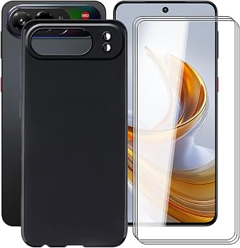 Phone Case for ZTE Nubia Air Pro 6.77" + 3 Pack Tempered Glass Protective Film, Soft Silicone Shockproof X Anti Scratch Shell TPU Slim Cover for ZTE Nubia Air Pro - Black