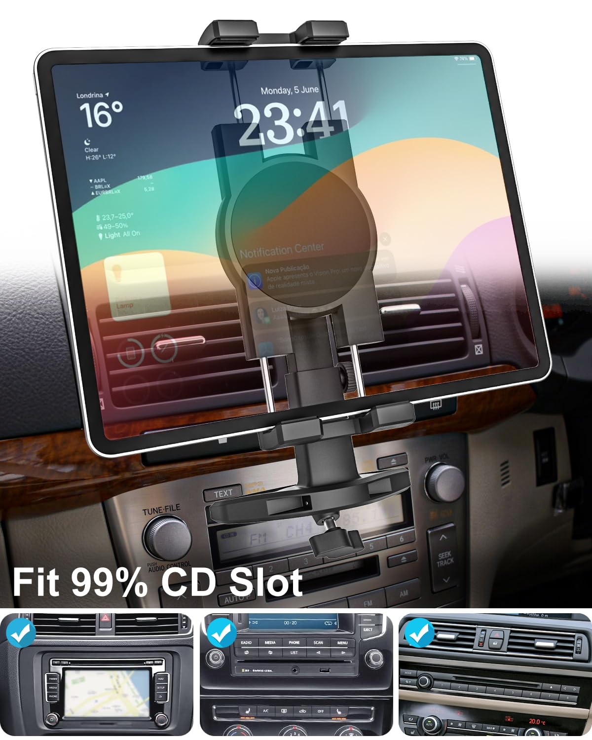 GDZN Samochodowy uchwyt na tablet CD, z regulacją wysokości, obrotowy o 360° uchwyt na tablet CD, odtwarzacz CD, iPad, uchwyt do iPad Pro 12,9 Air Mini, Galaxy Tab, Surface, telefon komórkowy