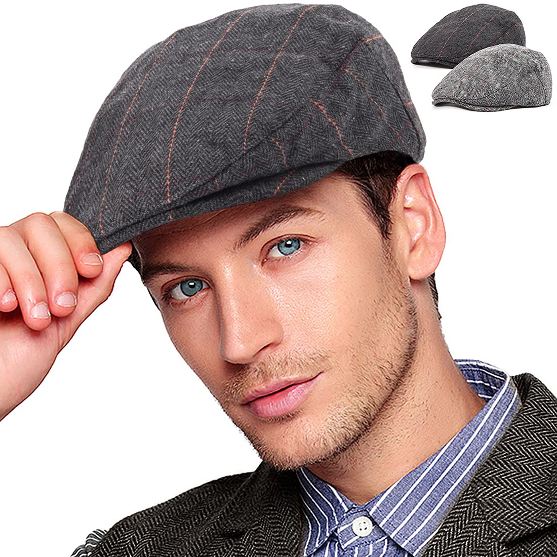 2-Pack Adjustable Newsboy Hats for Men Flat Cap Irish Wool Blend Tweed