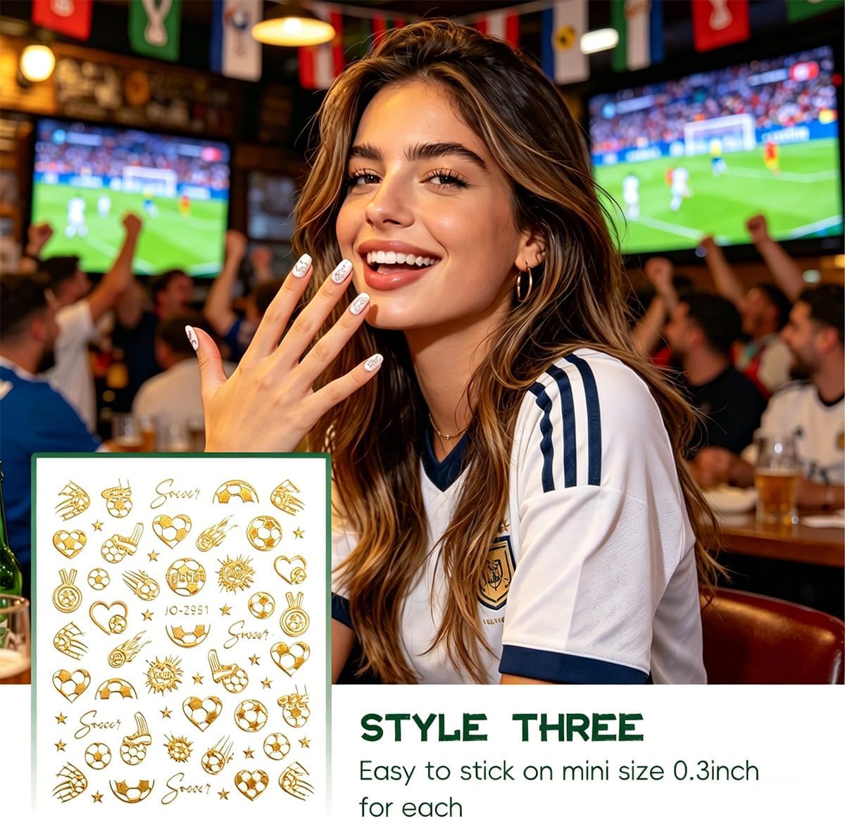 350PCS 3D Gold Soccer Nail Art Stickers, Waterproof Self-Adhesive Sports Theme Nail Decals, DIY Nail Decorations for Women Teens Sports Lovers