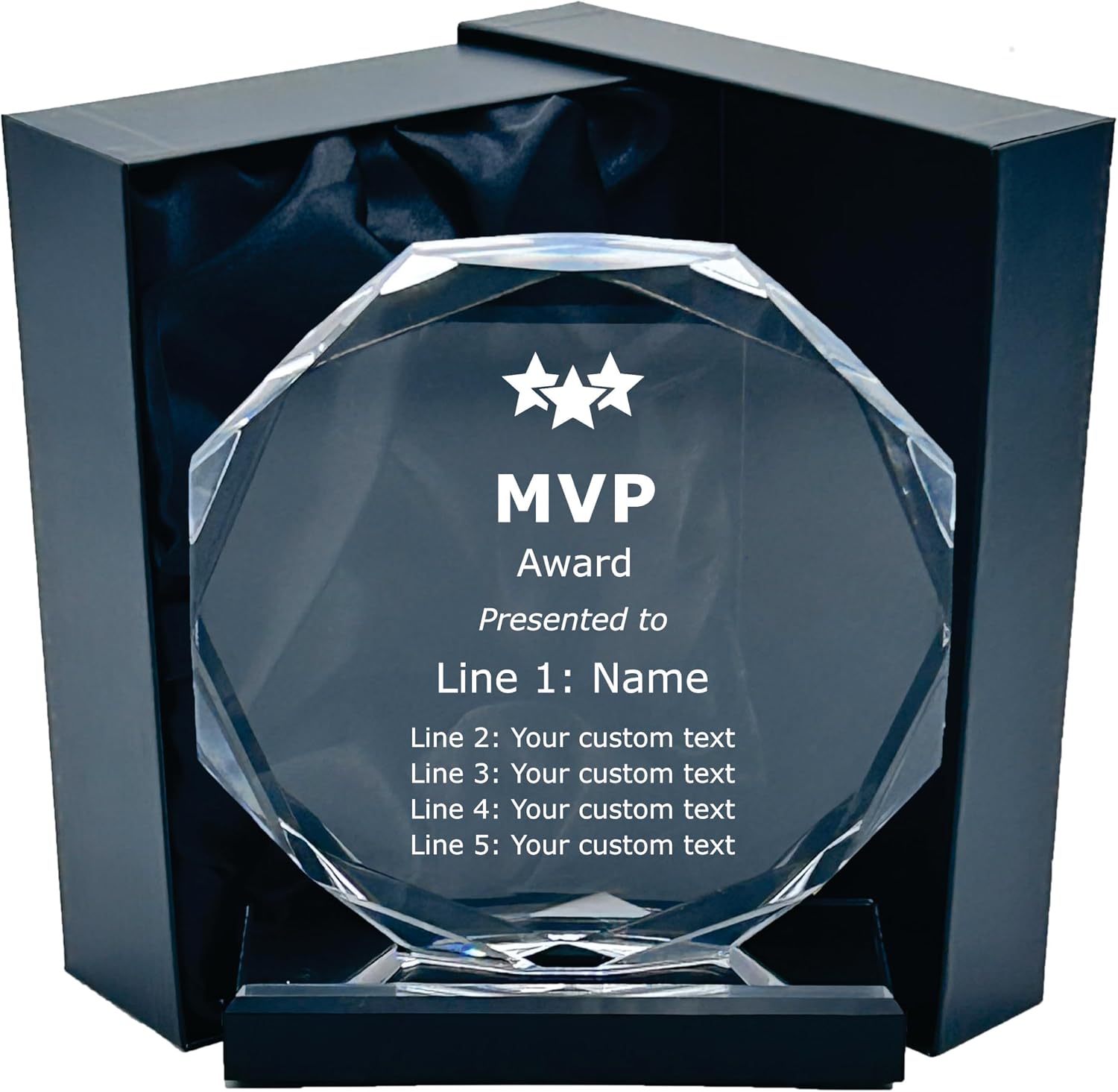 Recognize Success in Style with Various MVP Acrylic Trophy Awards with Gift Box. Create a Full Custom Award or Personalize one of Our preprinted Designs with Your Text.