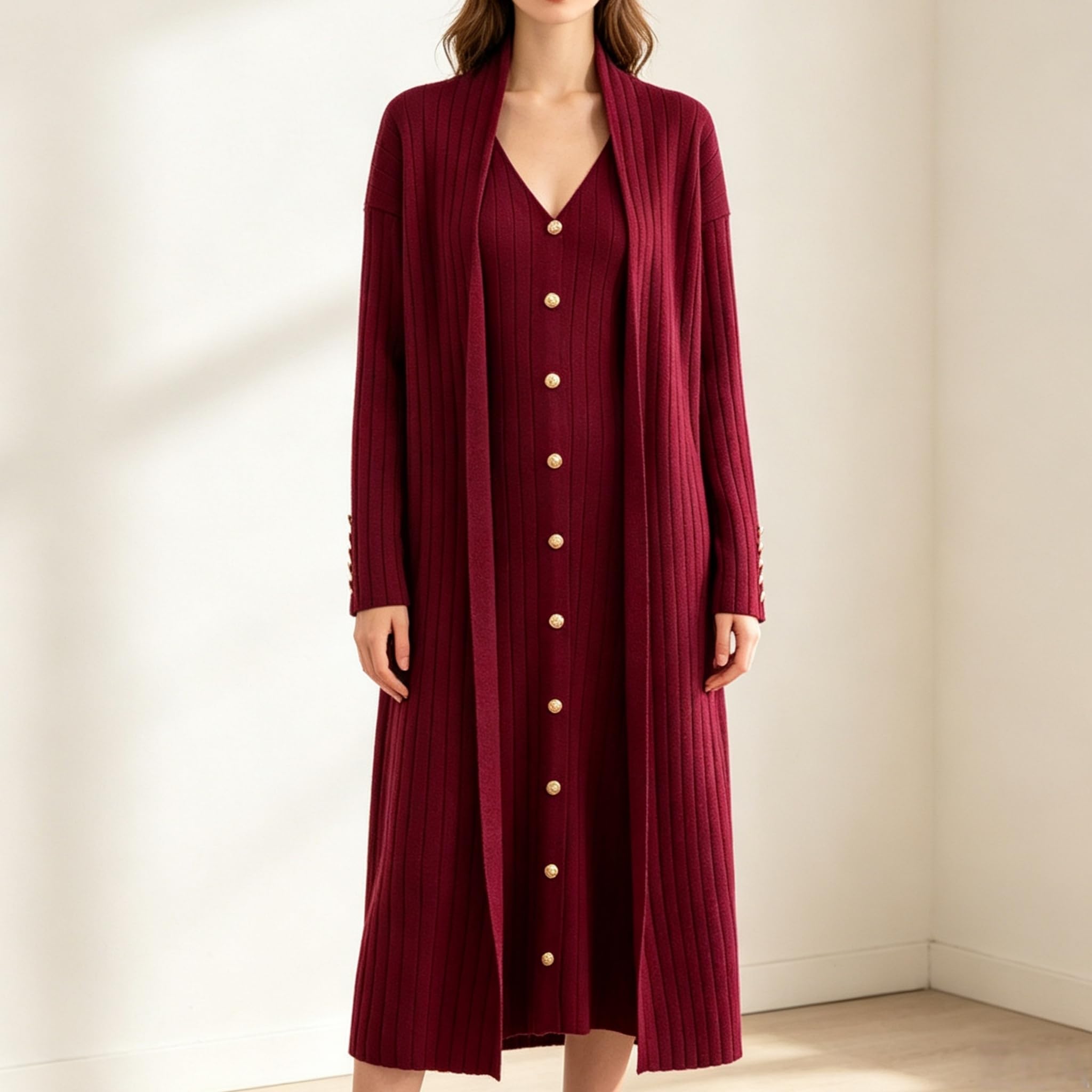 Conjuntos Mujer Verano Conjunto De Dos Piezas Para Mujer: Vestido De Punto Con Cárdigan Largo Vestido Sin Mangas Tipo Chaleco Y Cárdigan Largo Con Frente Abierto Conjunto Elegante De Ropa De Estar