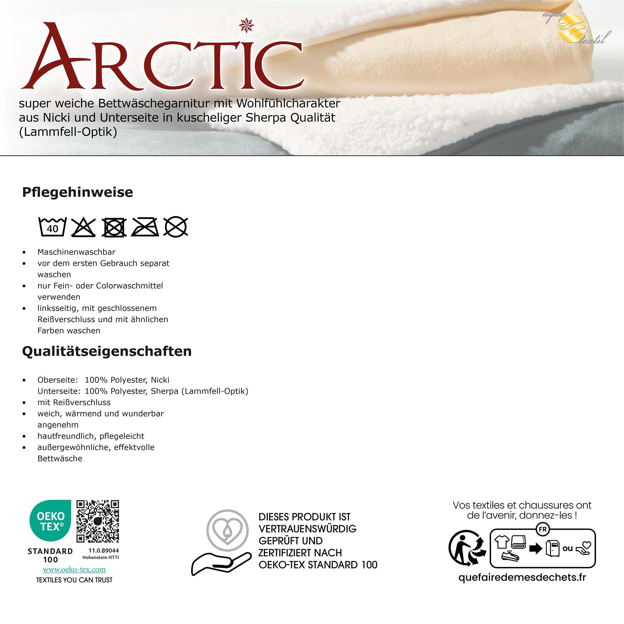 aqua-textil Arctic Bettwäsche 135 x 200 cm Lammfell Optik Bettbezug Nicki Fleece Bezug mit Reißverschluss grau