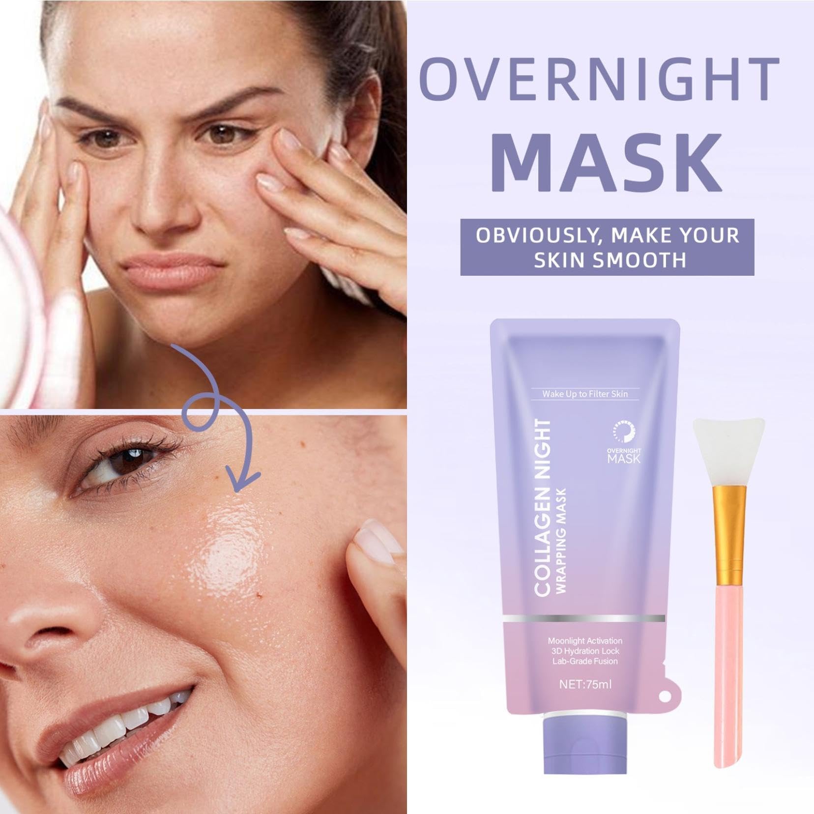Kollagen Nachtmaske – Peel-Off Maske Gegen Falten, Für Mehr Elastizität, 3 Stück Inkl. Pinsel