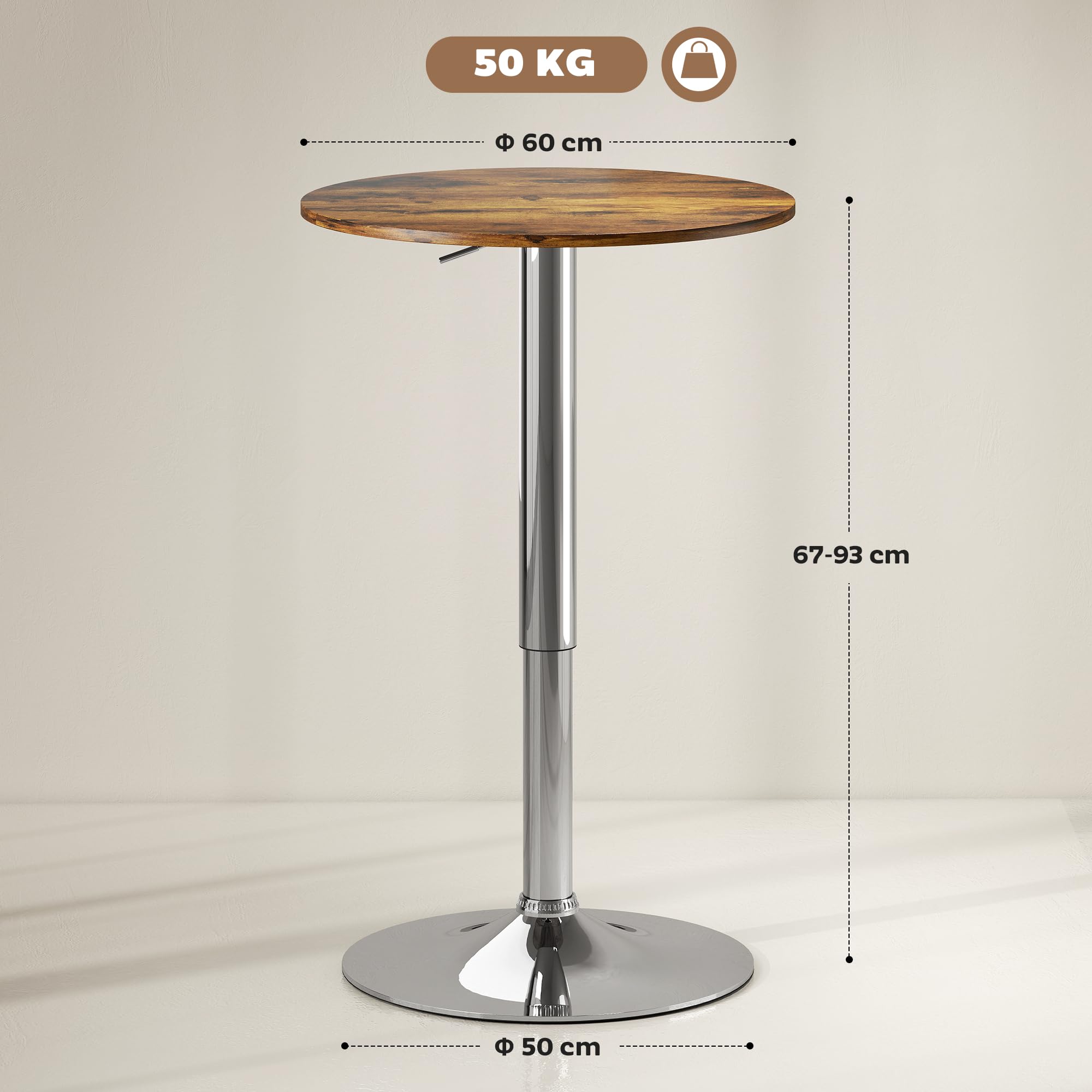 HOMCOM Table de Bar Table Bistro Hauteur Réglable 67-93 cm Ø 60 cm Marron