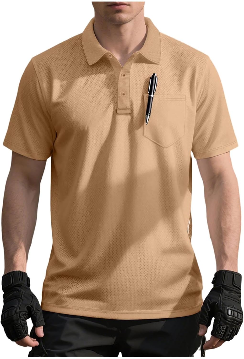 Men's Tactical Casual Shirt, Loose Fit Stretch Short Sleeve Button-Down Collared Tops with Pockets for Outdoor