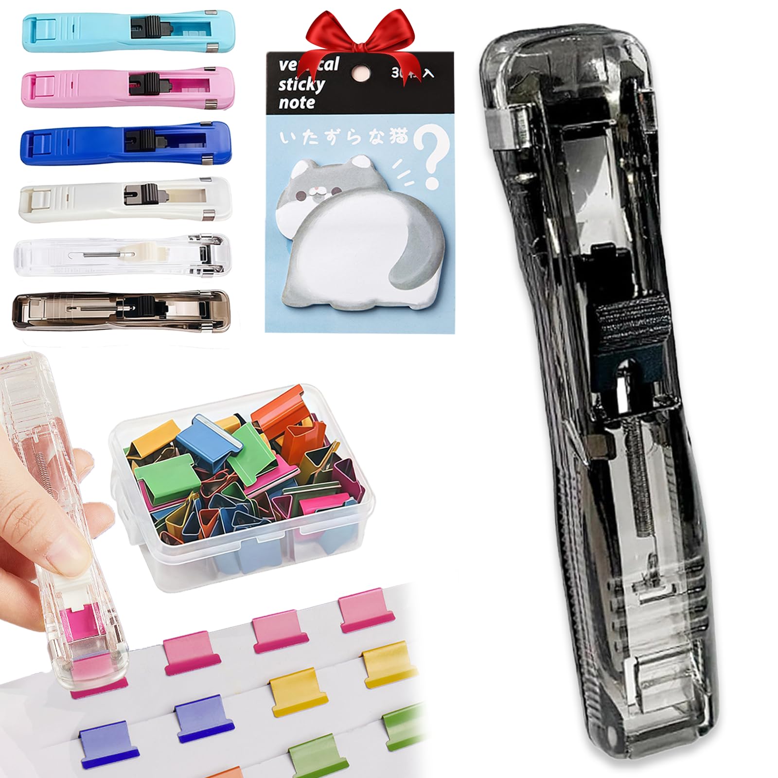Portable Binder Clip Stapler Set with 50 Reusable Push Clips, Handheld Paper Clamp Dispenser for Office Desktop Document Organization, 2 Piece (1, Black)