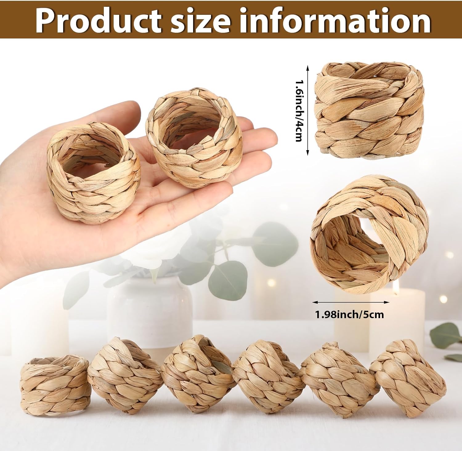 100 Pcs Woven Water Hyacinth Napkin Rings Bulk Natural Boho Farmhouse Rattan Napkin Rings Holders for Wedding, Thanksgiving, Christmas Dining Table Decoration Rustic Party Supplies