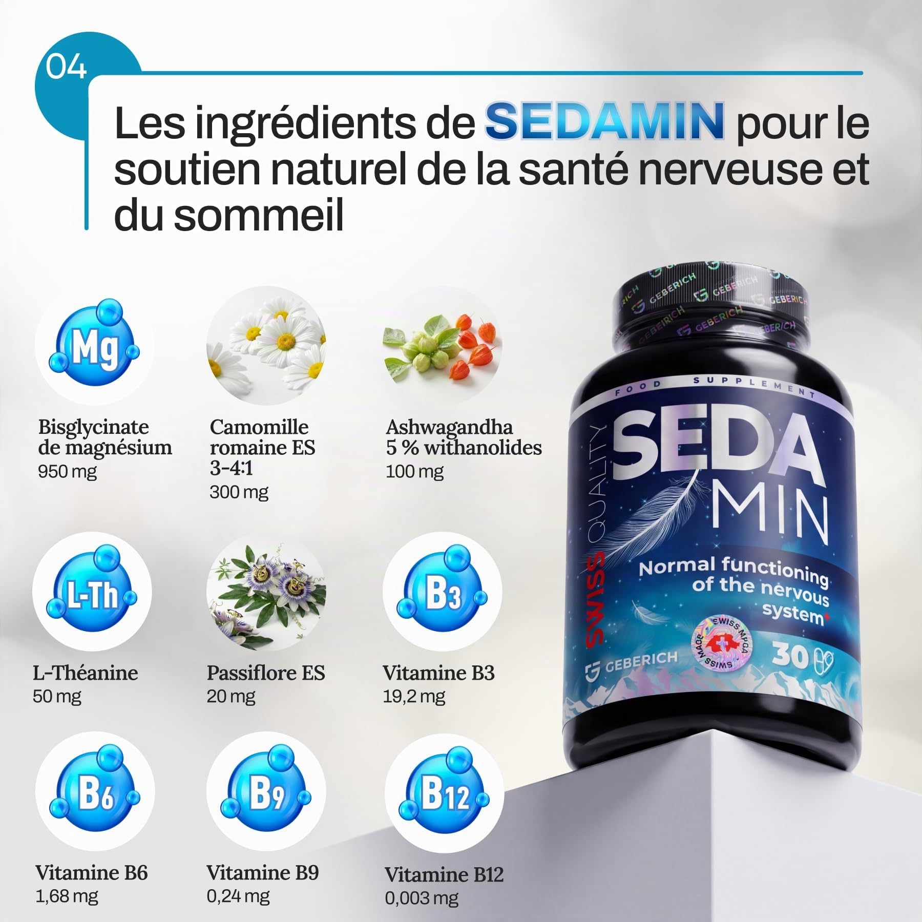 SEDAMIN | Ashwagandha 100mg + Magnésium Bisglycinate 950mg | Sommeil Profond et Réduction Fatigue | avec L-Théanine, Camomille, Passiflore, Vitamines B6, B9, B12 | 30 Gélules