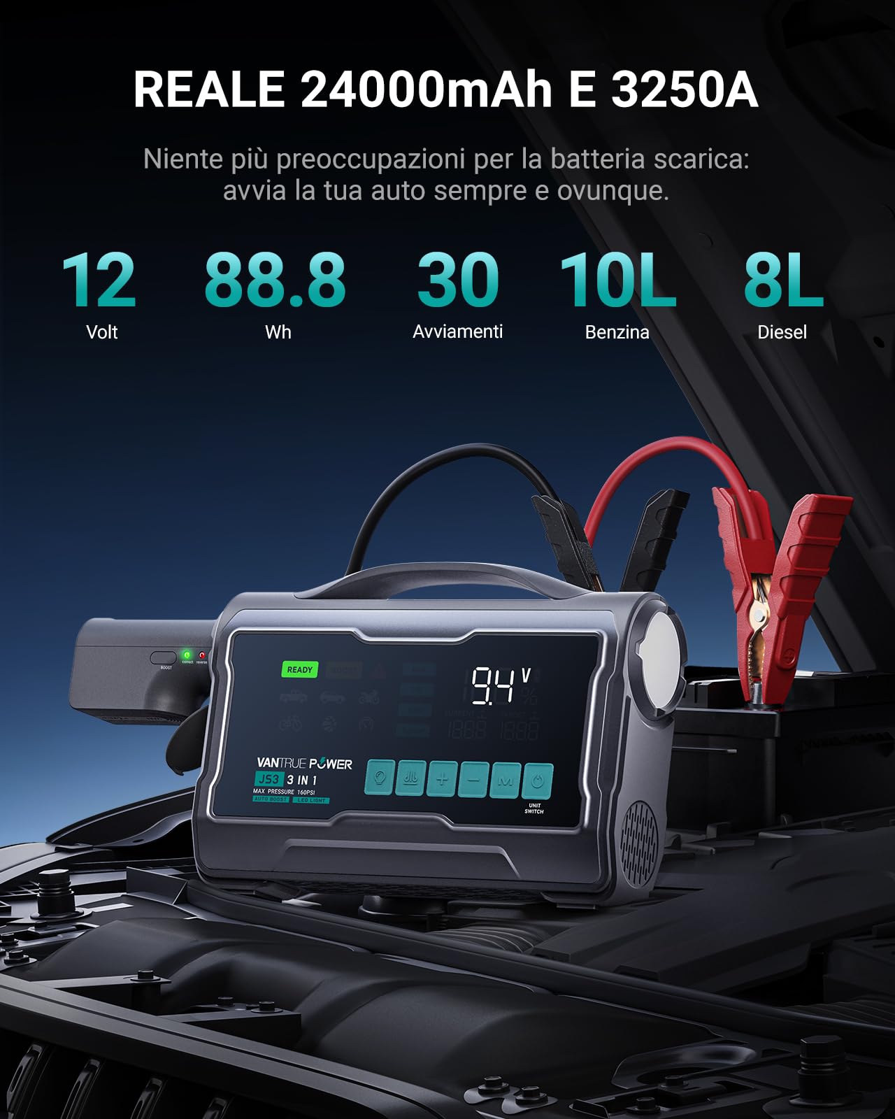 JS3 3250A Avviatore con Compressore d'Aria 160 PSI, Booster per Batteria Auto 12V con Display da 9", Power Bank con Ricarica Rapida 65W, Luce LED 400 Lumen – per Motori Benzina 10 L/Diesel 8 L