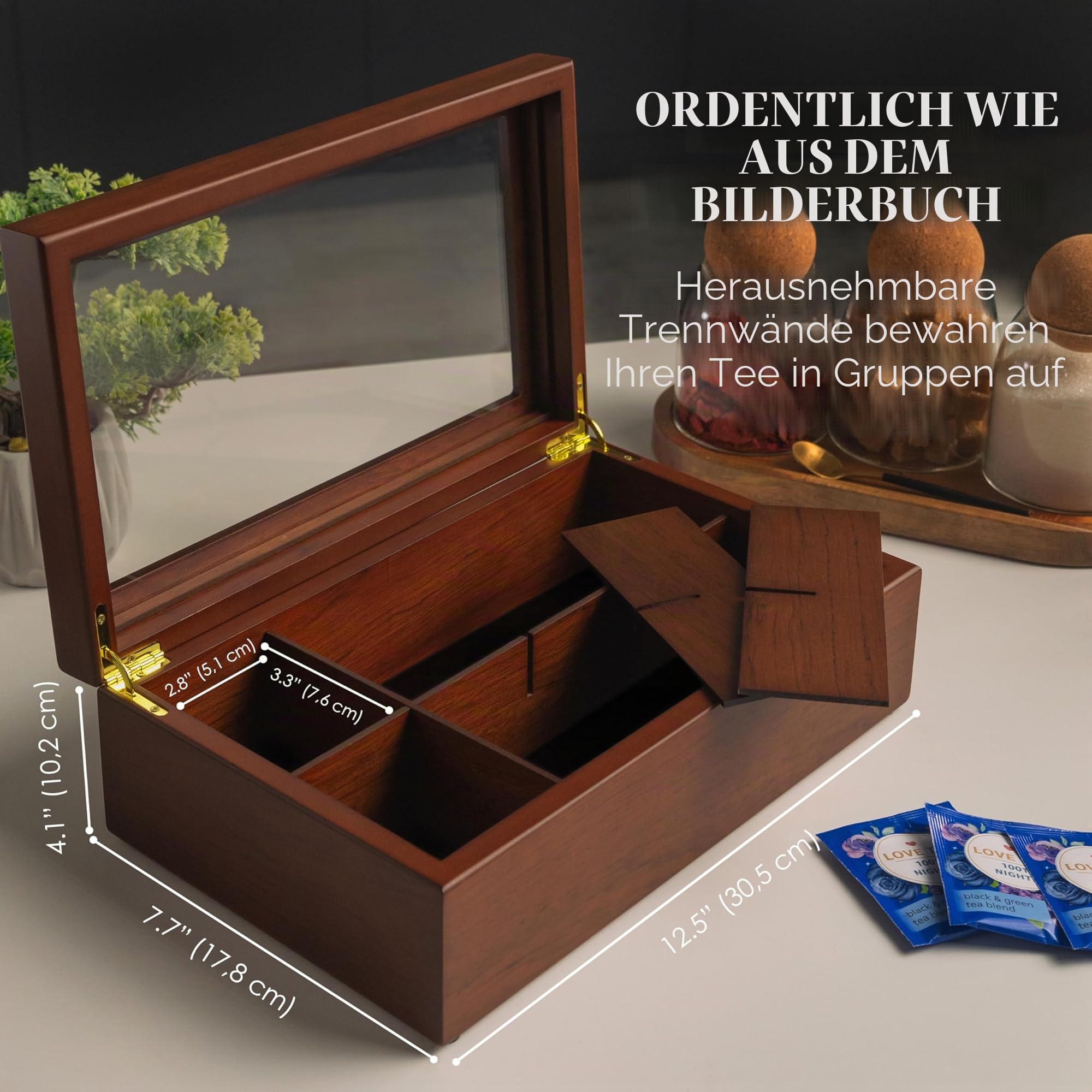 Tee Box von Apace Living - Luxeriöse Tee Aufbewahrung Box Holz – 8 Fächer für die Aufbewahrung von Teebeuteln - Handgefertigte Teebox mit kratzfestem Sichtfenster – Elegante Teebeutel Aufbewahrungsbox