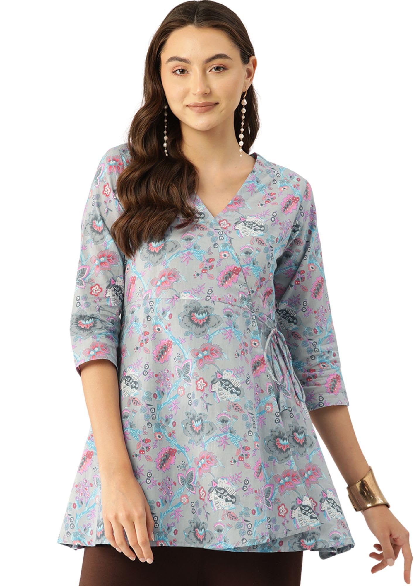 feranoid Floral Print Angrakha 3 Sleeves Flared Kurti-picture-5