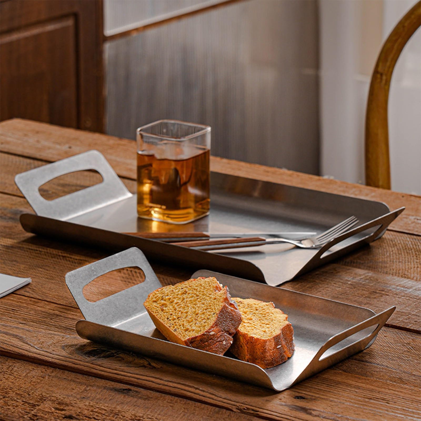 Bandeja Acero Inoxidable, Bandejas para Servir Comida, Moldeadas en una Sola Pieza, Fáciles de Limpiar, Adecuadas para Cafeterías, Pastelerías(Small)