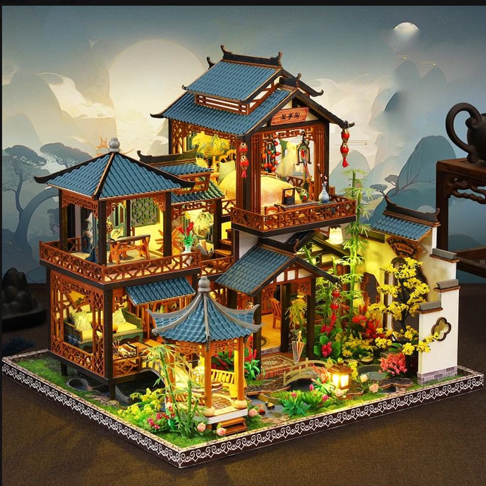 Kit de casa de muñecas montada de madera 3D en miniatura, estilo chino, para patio, con creatividad musical, regalo de cumpleaños de Halloween (con cubierta antipolvo)