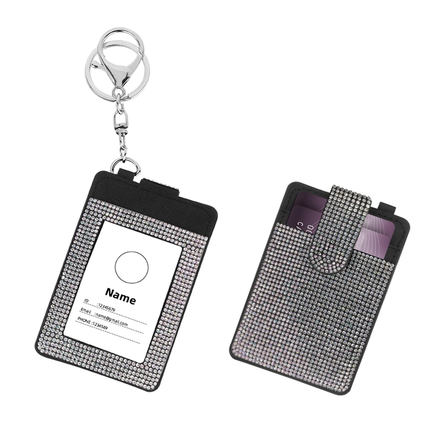 Bling ID Badge Holder with Keychain, Bling Rhinestones Crystal Badge Clip Key Chain Holder, PU Card Holder with Clear Window - Image 4