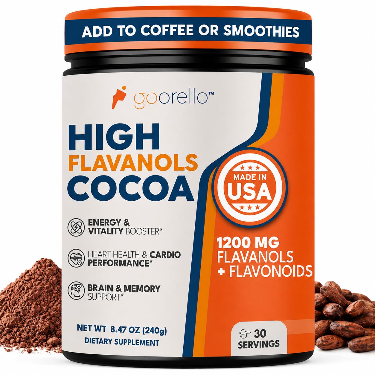 Goorello High Flavanol Cocoa Powder supplement jar