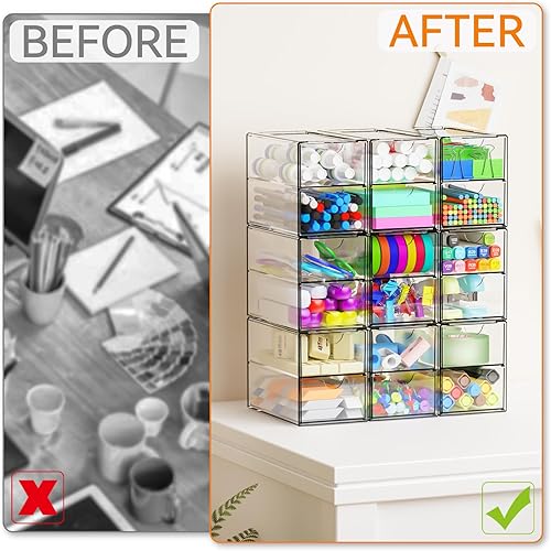 Miniatura 6 de Yieach Paquete de 9 cajones acrílicos pequeños con 18 cajones, organizadores de cajones transparentes apilables, escuela, suministros de oficina y