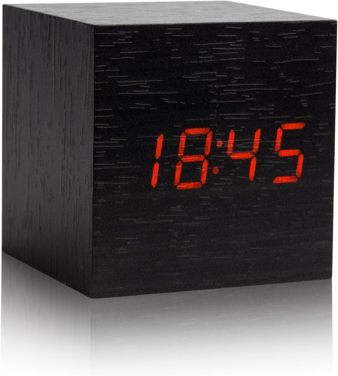 LED Wood Alarm Clock Wood LED Light Alarm Clock with Temperature and Time & Voice Control Desk Travel Digital Cube Wooden LED Clock (Black)