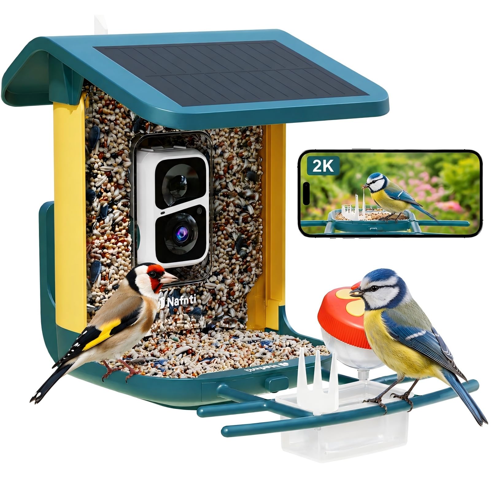 2K Vogelhaus mit Kamera, solarbetrieben, KI identifiziert über 10.000 Vogelarten, 1.8L, IP65 wasserdicht, 2,4 GHz/5 GHz, Vogelbox-Kamera mit Vollfarb-Nachtsicht, Geschenk für Vogelliebhaber