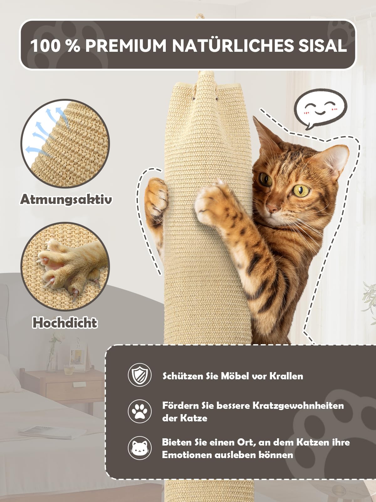 BSWAY Klettersack für Katzen 16x16x240cm Katze Kletterseil, Sisal Sack Klettersack Climber für Katzen mit Haken und Füllpolster