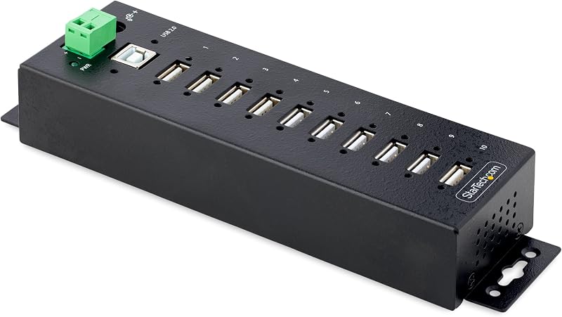 Hub USB 2.0 industrial de 10 puertos StarTech, resistente, TAA (USB210AIND-USB-A-HUB) | 10 puertos USB-A, protección ESD nivel 4, montaje DIN en pared y escritorio, puertos bloqueables, concentrador de expansión USB