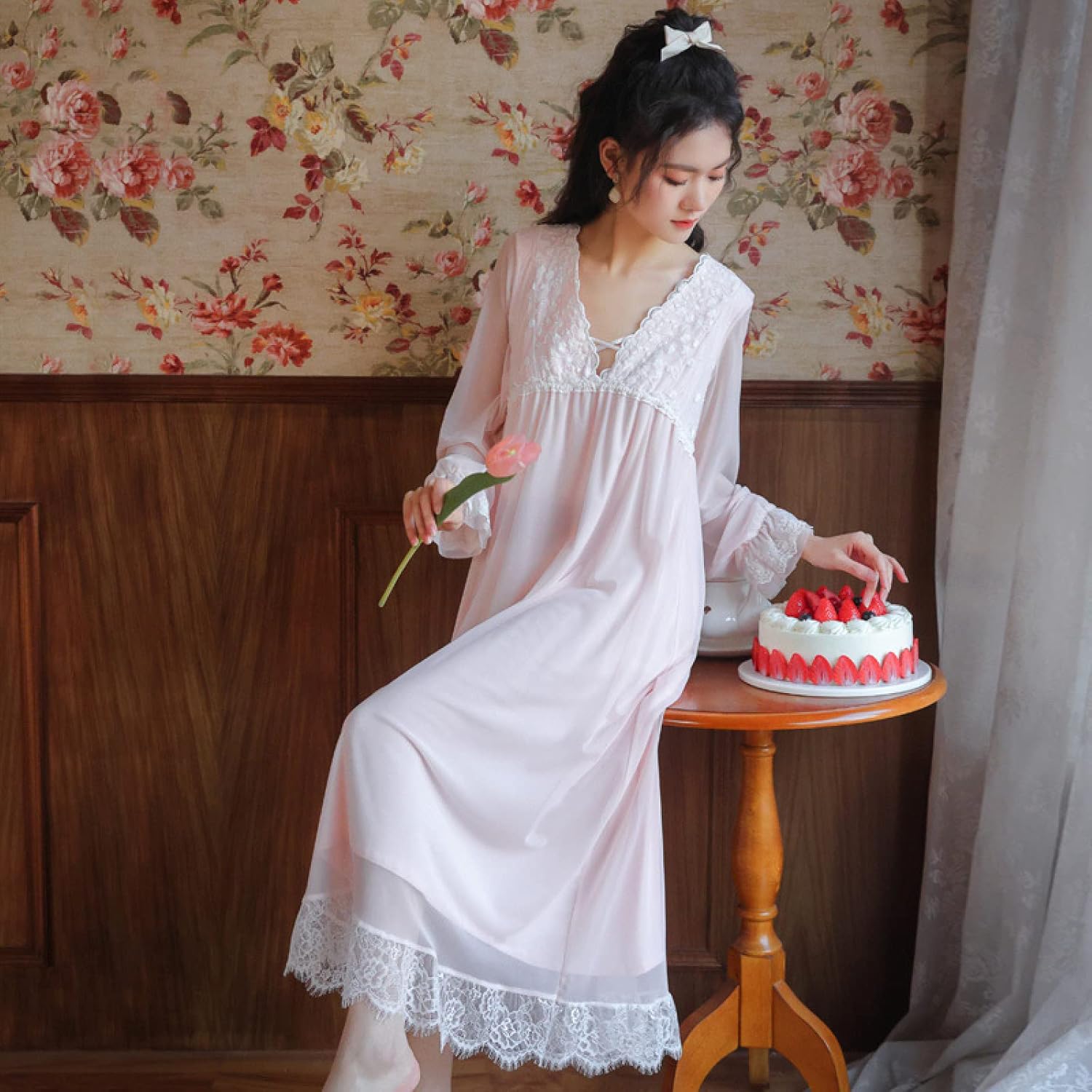 OFFSUM Women's Long Sleeve Nightgown - Bride V Neck Nightgown Spring Summer Robe Mesh Lace Pink Sexy Dress Vintage Breatha