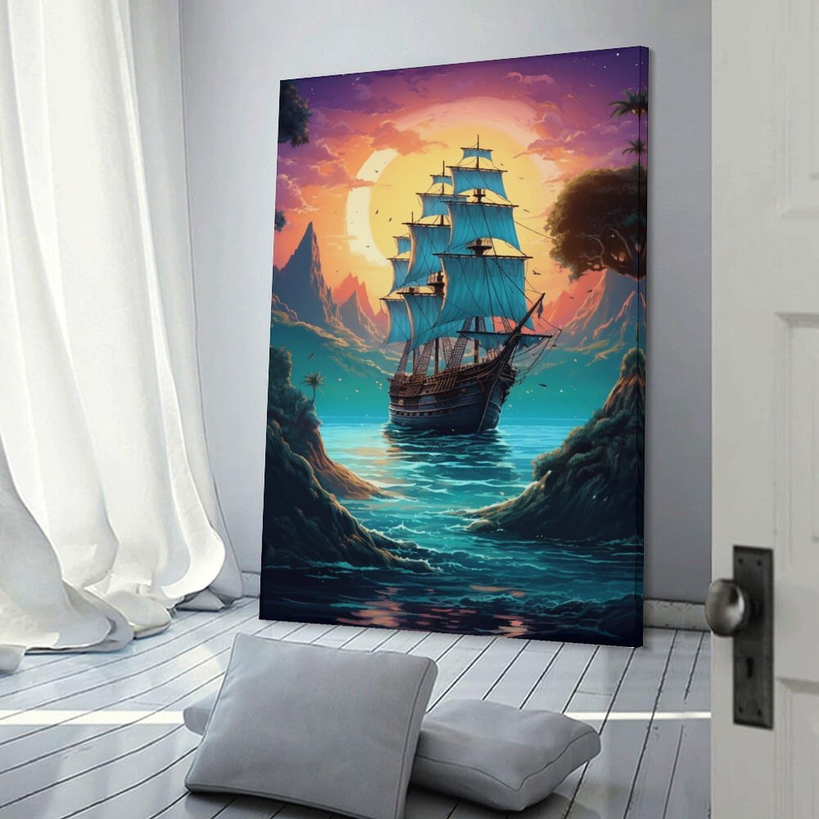 Junmoney Frame-Style-2 Decorative Wall Artwork Pirate Ship Sunset Island, 16X24inch(40X60cm), For New Homes, Bedrooms Or Workspaces, Canvas Artwork With Gifting Potential