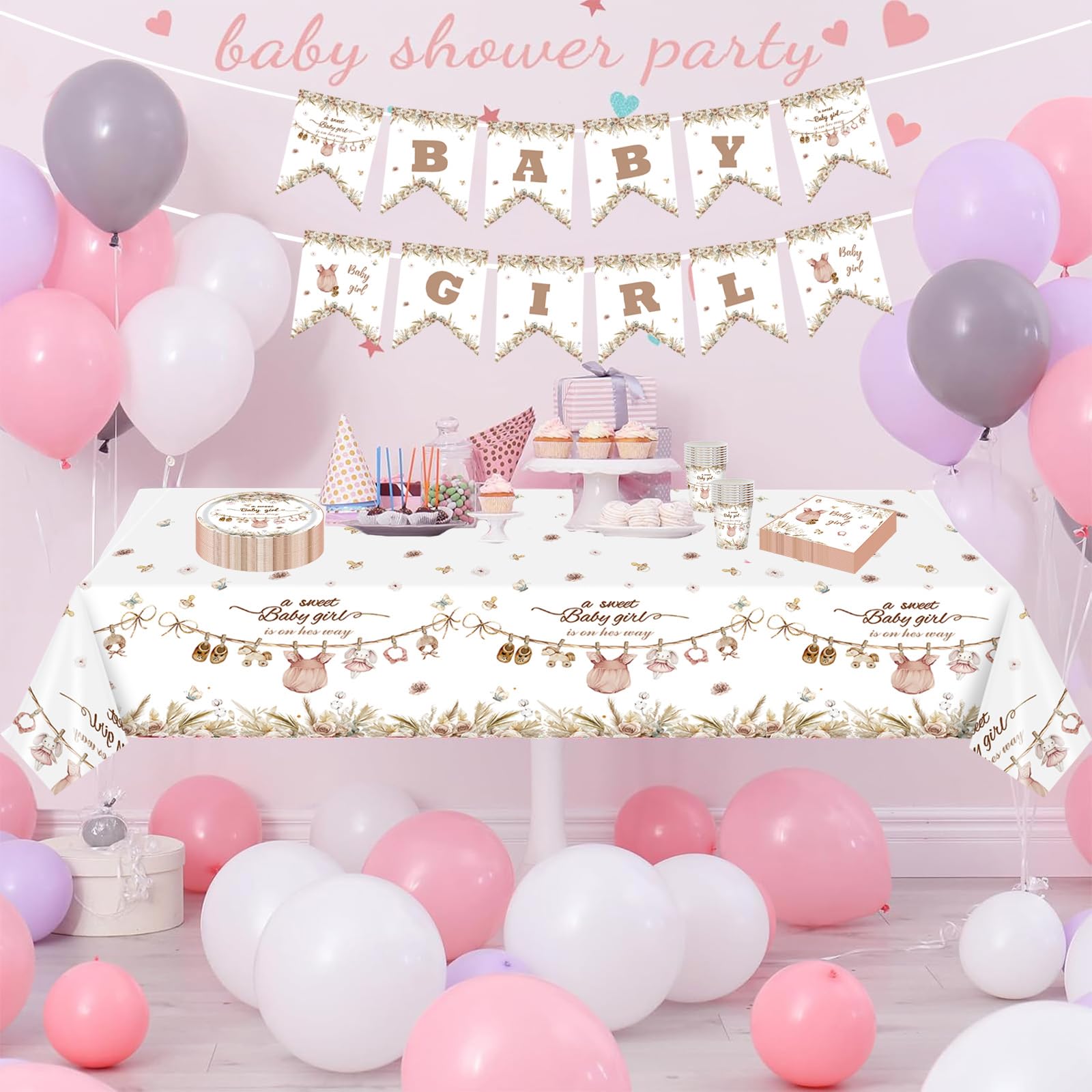 MOMAHUA 63Pcs Baby Shower Party Tableware Set for Girl Complete All in One Pink Decorations Kit with Plates,Napkins,Cups,Tablecloth&Banners for 16 Guests - Image 4