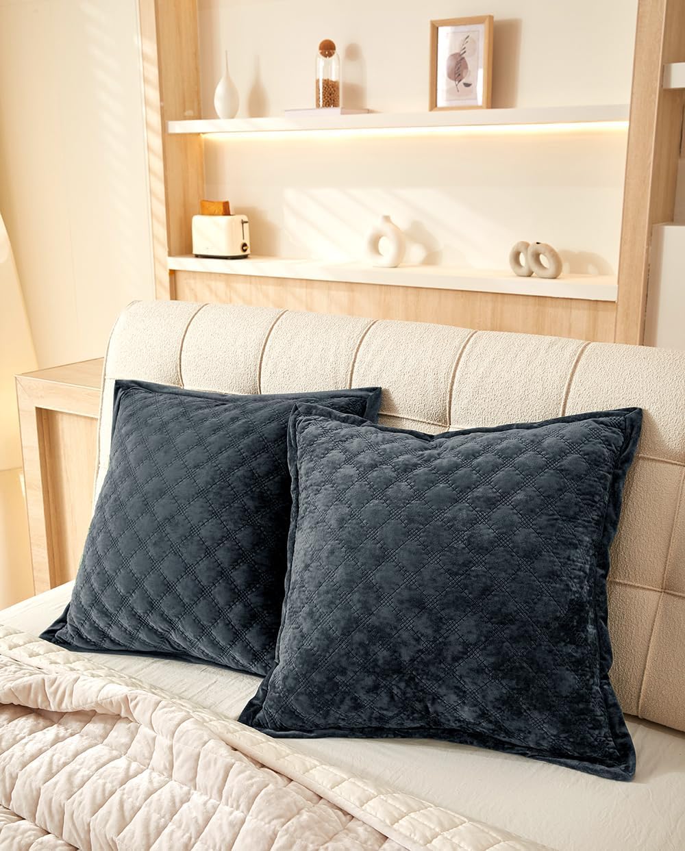 Pillow Cover 24x24 1 Piece Velvet Large Euro Sham with Hidden Zipper Wrinkle Resistant Soft Cross Process Decorative Farmhouse Quilted Cushion Covers for Couch Bed, Gray Blue