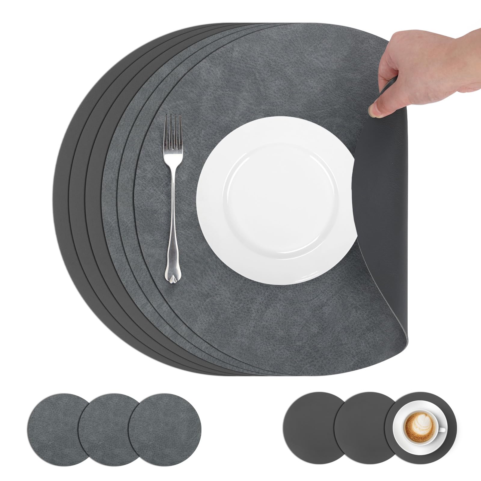 comfoyar Round PU Leather Placemats and Coasters Set of 6, 33cm Non-Slip Dual-Sided Heat Resistant Place Mats, Waterproof Washable Table Mats for Kitchen Dining Party Table Decoration(Grey)