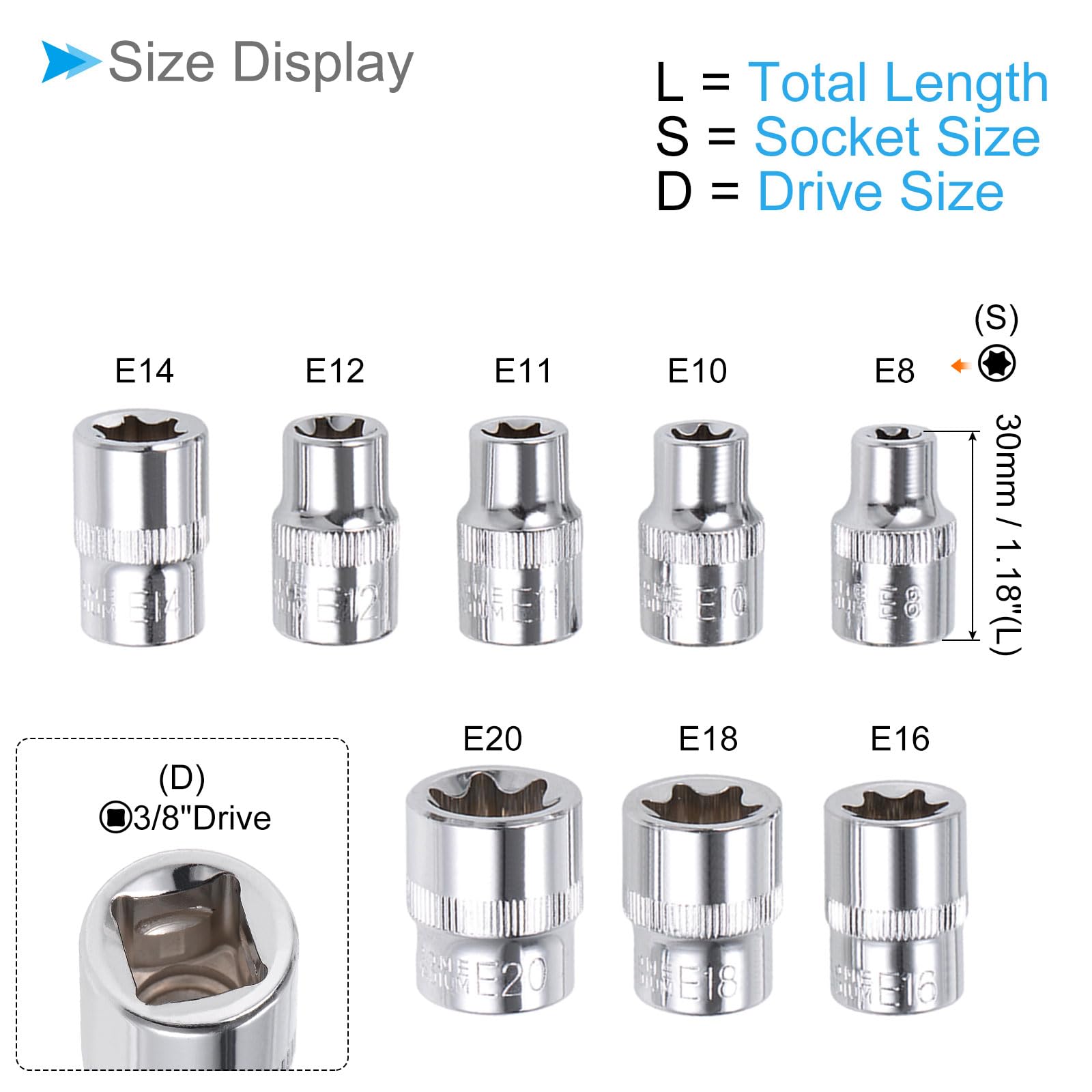 CoCud External Torx Socket Set, 3/8" Drive E8 - E20 Socket, Cr-V Steel Torque Socket - (Applications: for DIY Handcrafting), 8-Pieces - Image 2